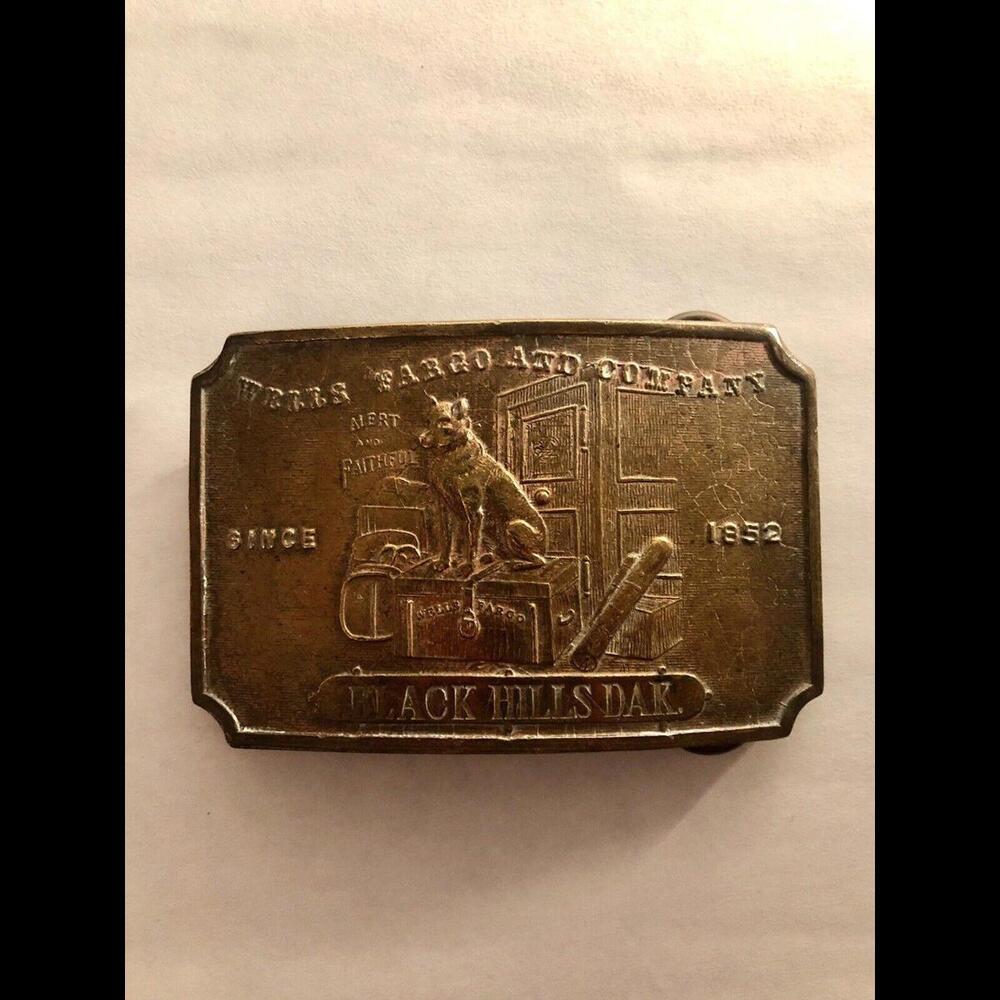 VTG Tiffany NY Wells Fargo &Co. Copper Brass Tone Belt Buckle Black Hills Dak.